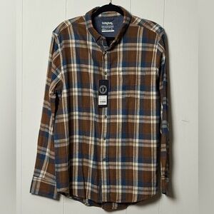 NWT One Day Away Men's Flannel Plaid 100% Cotton Shirt in Brown and Blue Size L